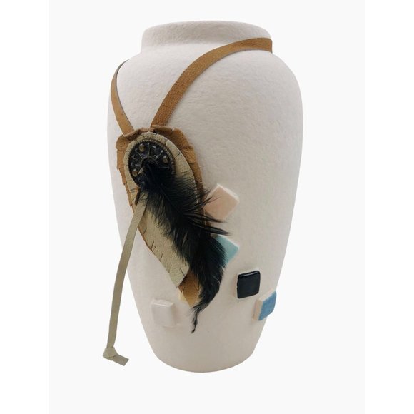 Native American Indian Style Vase Feather Vase White Home Decor Pottery 8 in - Picture 1 of 10